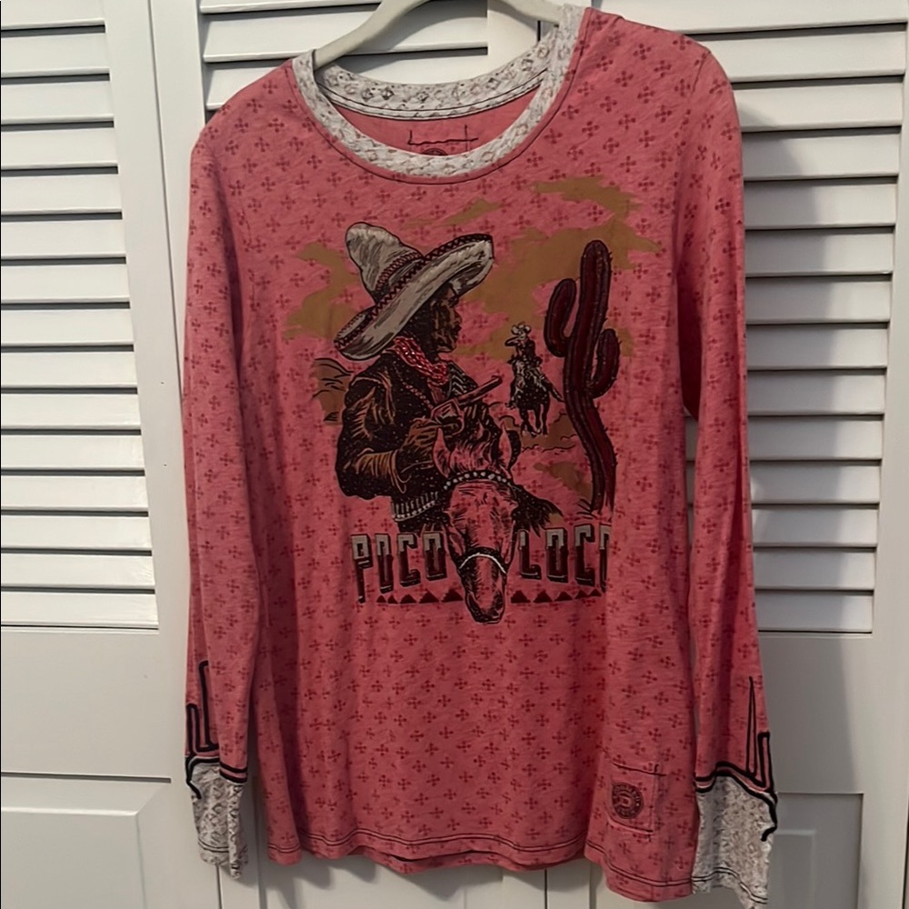 Double D Ranch Pink Long Sleeve Tee with Western Graphic ladies size xs